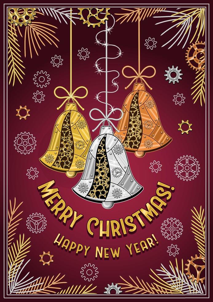 plantilla de tarjeta de felicitación feliz navidad y feliz año nuevo. campanas de navidad, agujas de árboles, destellos sobre fondo burdeos. adornos hechos de engranajes, placas de metal brillante, remaches al estilo steampunk. vector