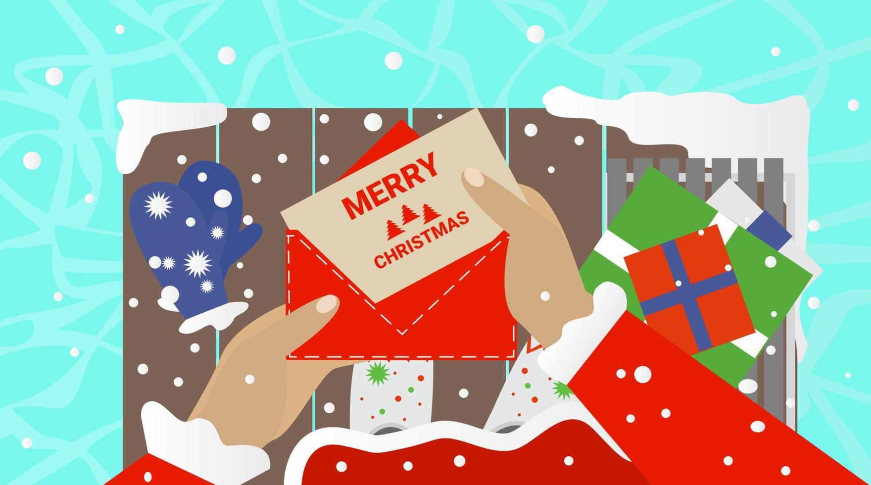 Papá Noel con ilustración de vector de tarjeta de felicitación de Navidad. pancarta festiva. cajas de regalo, cartel de vacaciones de hielo.