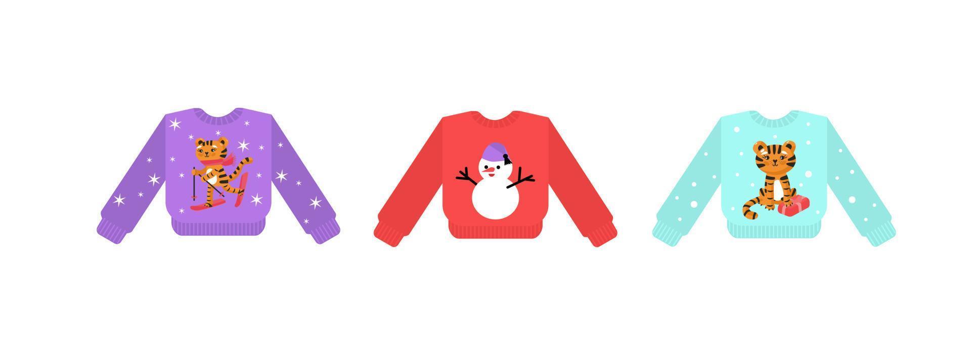 Christmas jumpers set vector illustration isolated on white. Ugly sweaters collection with cute characters. Winter design clothes.