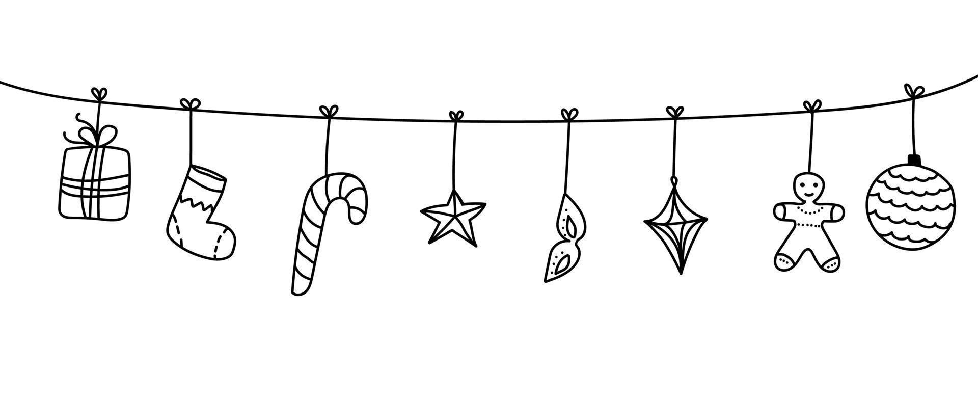 Christmas garland with holiday elements in doodle style vector illustration. New year decoration.