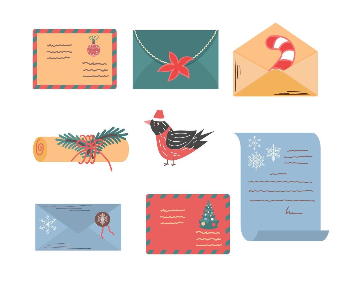juego navideño de sobres y cartas a santa. colección de correo decorada de año nuevo. elementos festivos para enviar mensajes. vector
