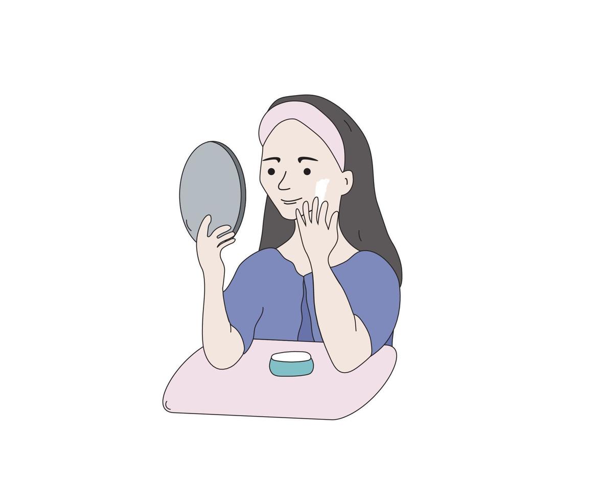 Young woman applying face cream. Girl with beautiful healthy skin vector