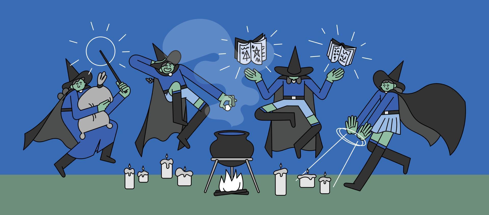 Witches Making Potion Hand Drawn Character Illustration vector