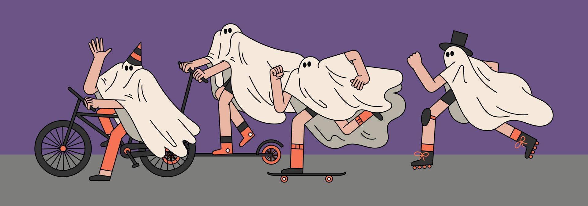 fantasma montando bicicleta scooter, patineta y patines dibujados a mano ilustración de personaje vector