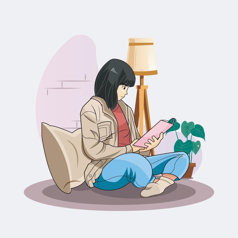 Hygge lifestyle illustration. Reading a book and relaxing in the pillow vector illustration free download