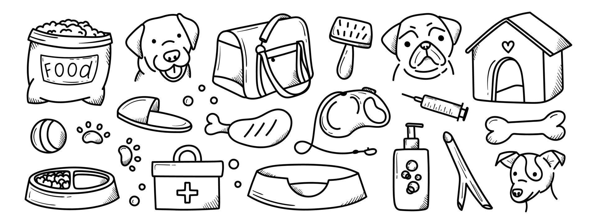 set of pets items in doodle style vector