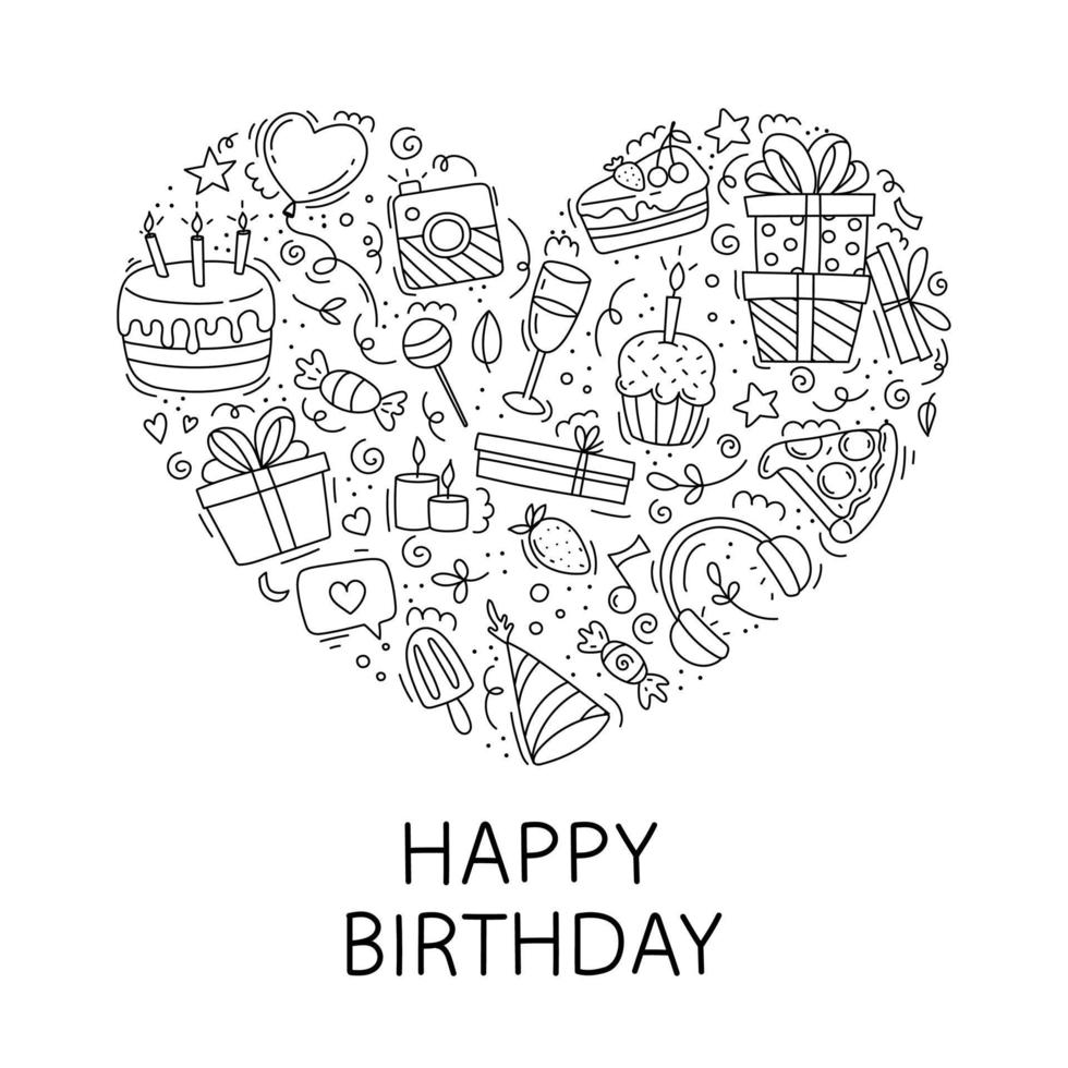 Happy birthday a set of icons in the style of a doodle in the shape of a heart. manual linear drawing vector