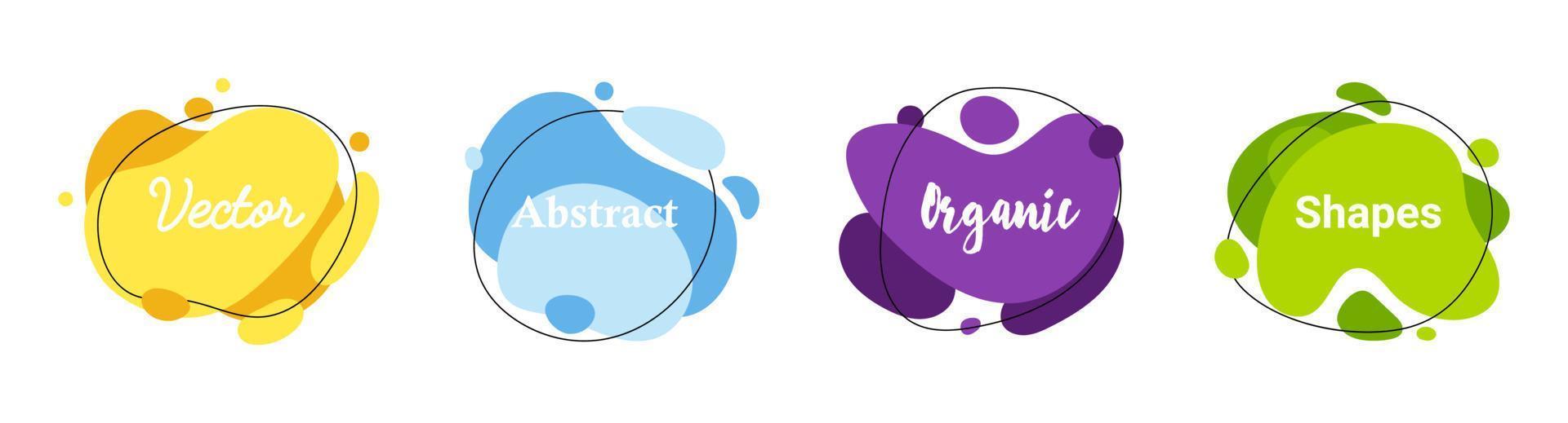 Set of 4 abstract graphic liquid elements in memphis style. Dynamical waves colored fluid shapes. Isolated banners with flowing organic shapes. Template for the design of logo, flyer or presentation. vector