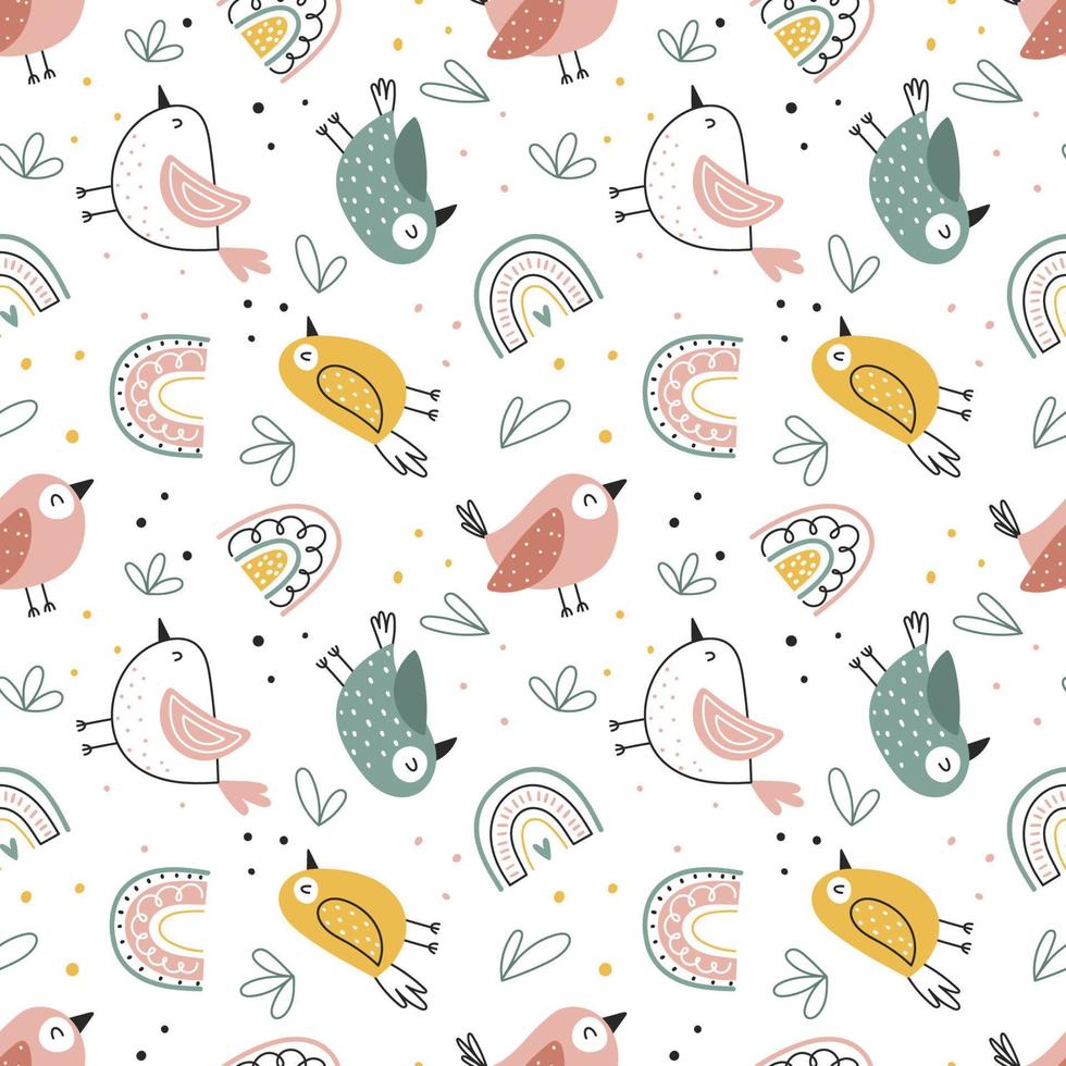 Childish seamless pattern with cute birds and rainbows on a white background. Childish seamless background in the Scandinavian style vector