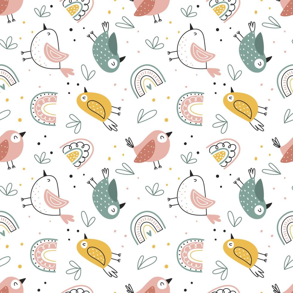 Childish seamless pattern with cute birds and rainbows on a white background. Childish seamless background in the Scandinavian style vector