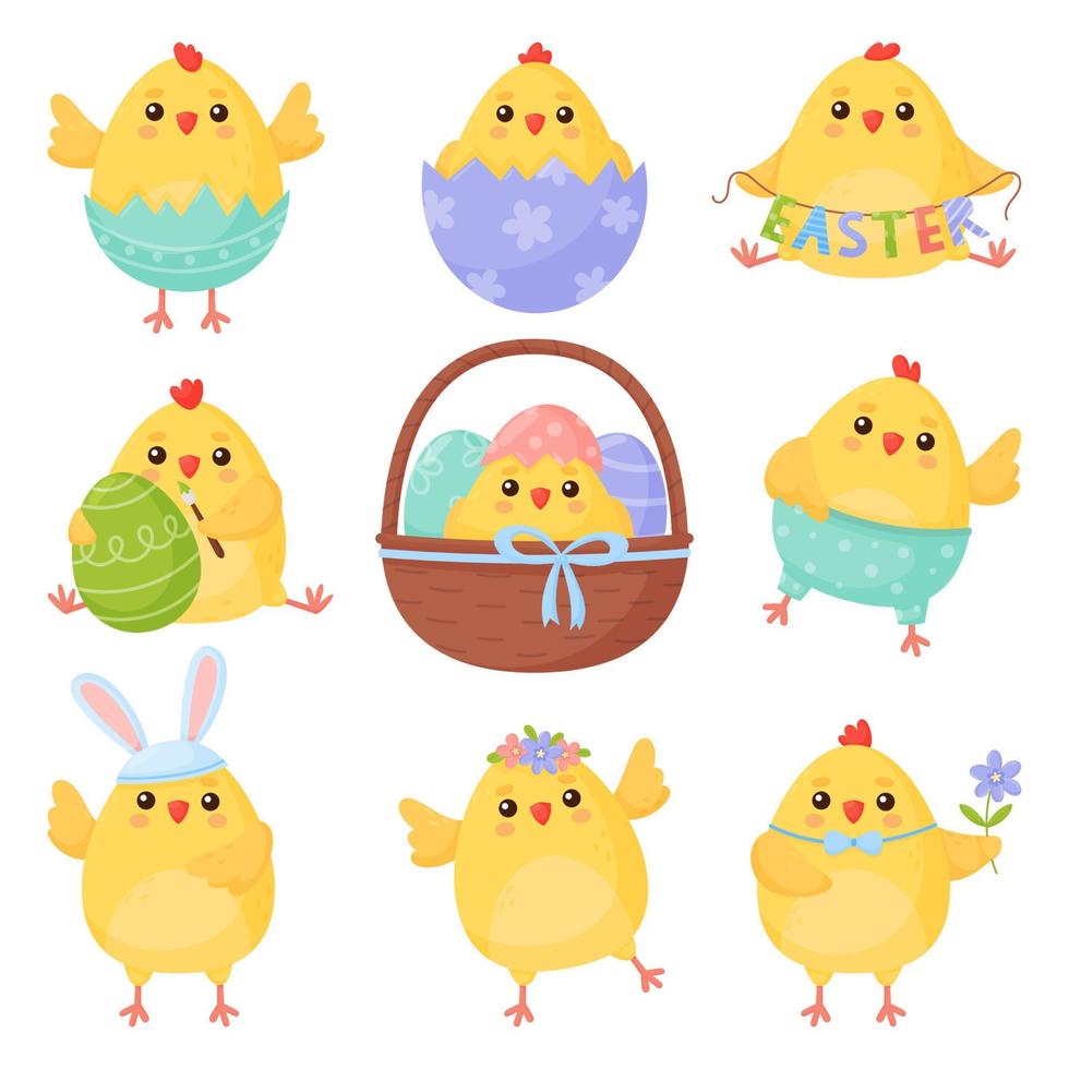 lindo juego de personajes de dibujos animados de pollito de Pascua, adorable pollito en diferentes situaciones. ilustración vectorial aislado sobre fondo blanco vector