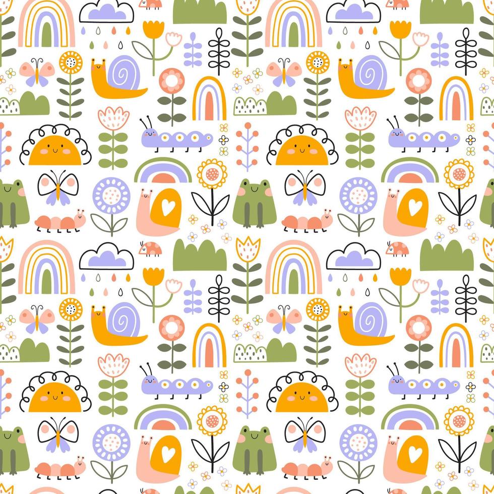 Seamless pattern with snails, frog, flowers, sun and rainbow. Vector illustration in hand drawn cartoon style. Bright palette for spring or summer design of textiles, children's clothing.