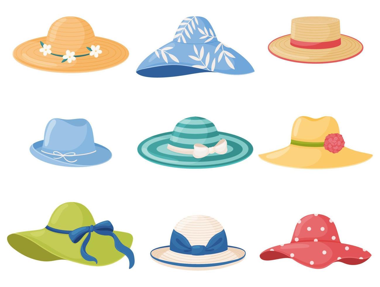 Vector set of summer women s hats isolated on white background.