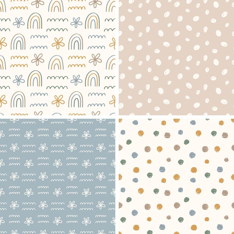 Collection of seamless matching patterns with rainbows, flowers and abstract geometric textures in cartoon flat style. Childish seamless textures for fabric, textile, wallpaper. vector