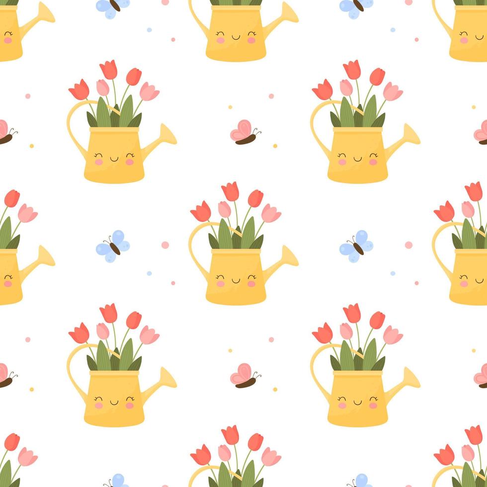 Childish seamless pattern with cute cartoon watering cans with flowers and butterflies. Creative childish texture for fabric, wrapping, textile, wallpaper, clothes. Vector illustration