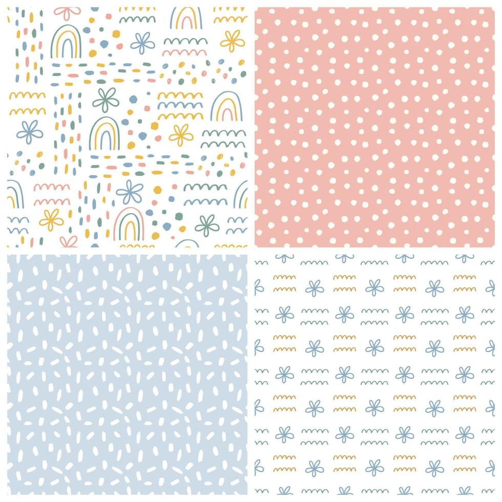 Collection of seamless matching patterns with rainbow, flowers and abstract geometric textures in cartoon flat style. Vector cartoon in pastel colors.