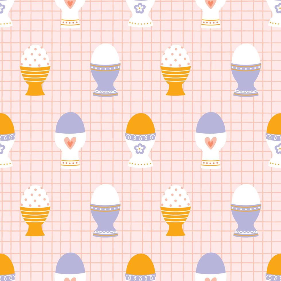 Modern seamless pattern of Easter eggs in eggcups with various ornaments on a pink checkered background. Suitable for kitchen textiles. vector