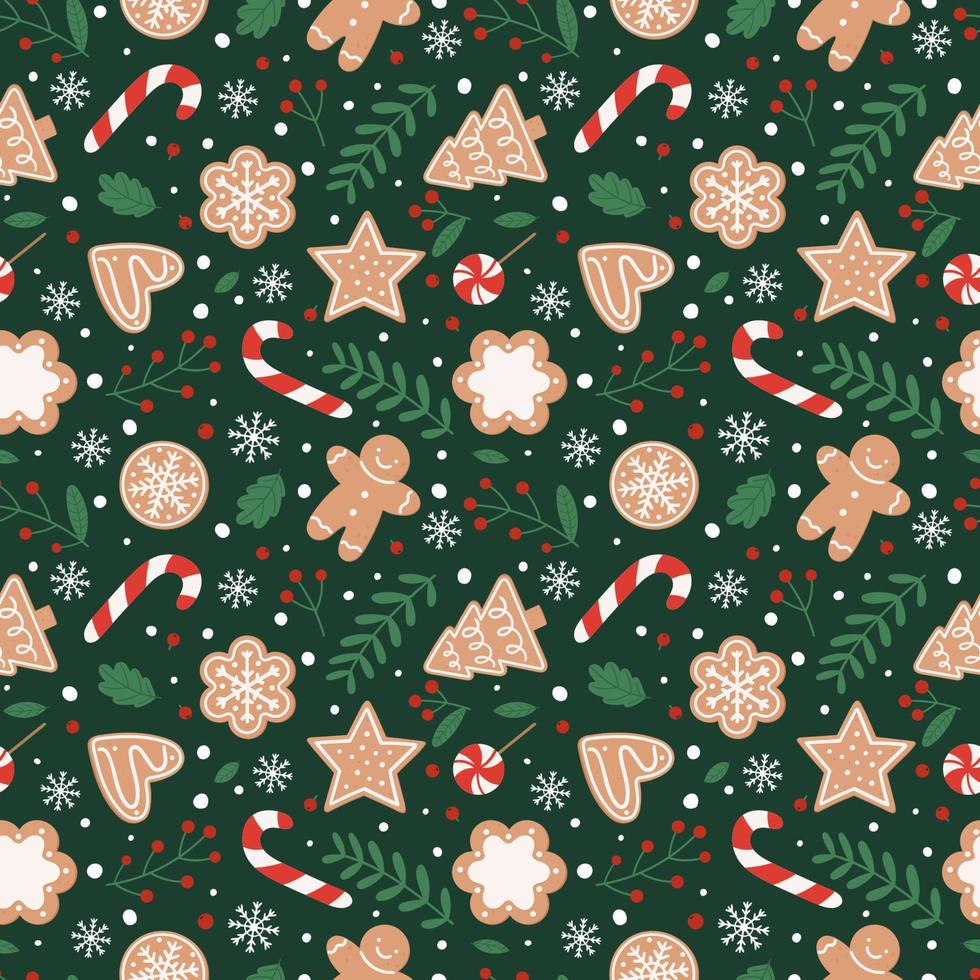 Gingerbread seamless pattern. Festive background with cookies, candies, leaves and berries. Vector illustration in flat cartoon style on green background