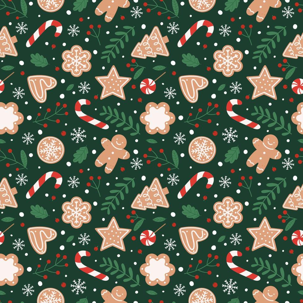 Gingerbread seamless pattern. Festive background with cookies, candies, leaves and berries. Vector illustration in flat cartoon style on green background