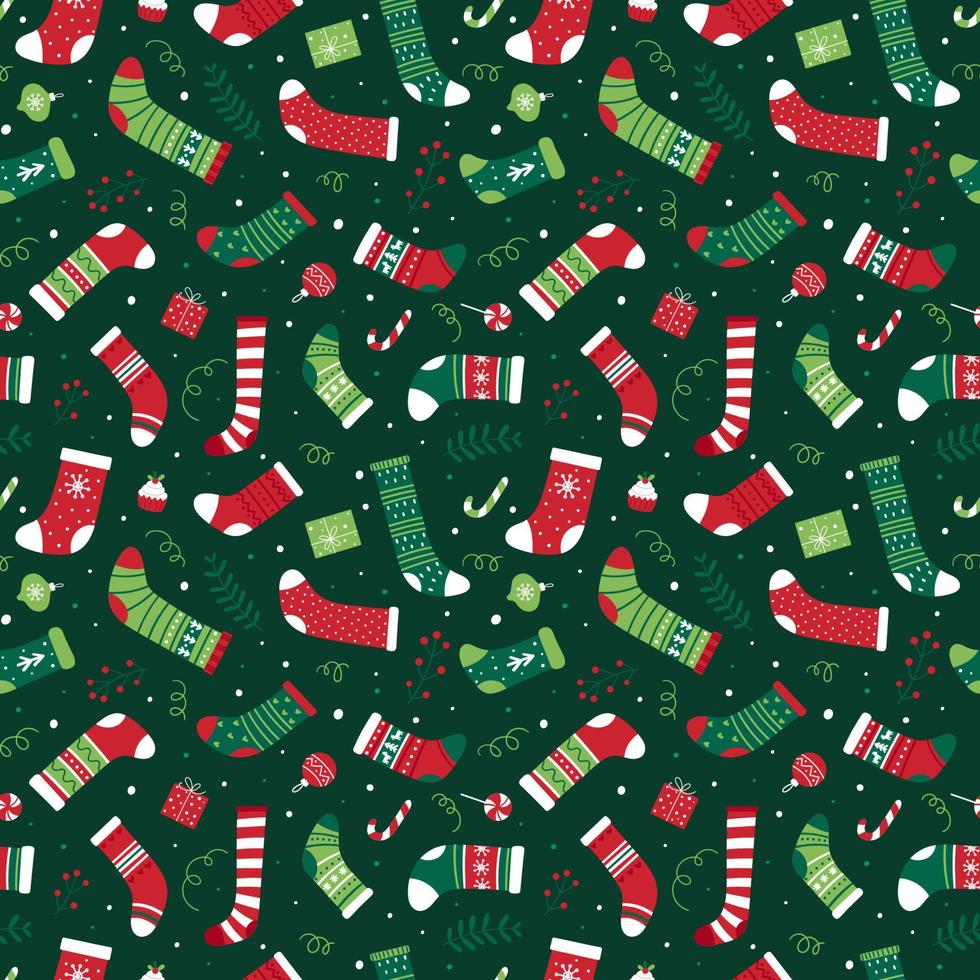 patrón navideño sin costuras con una variedad de calcetines navideños. fondo de vector brillante para envolver papel, tela.