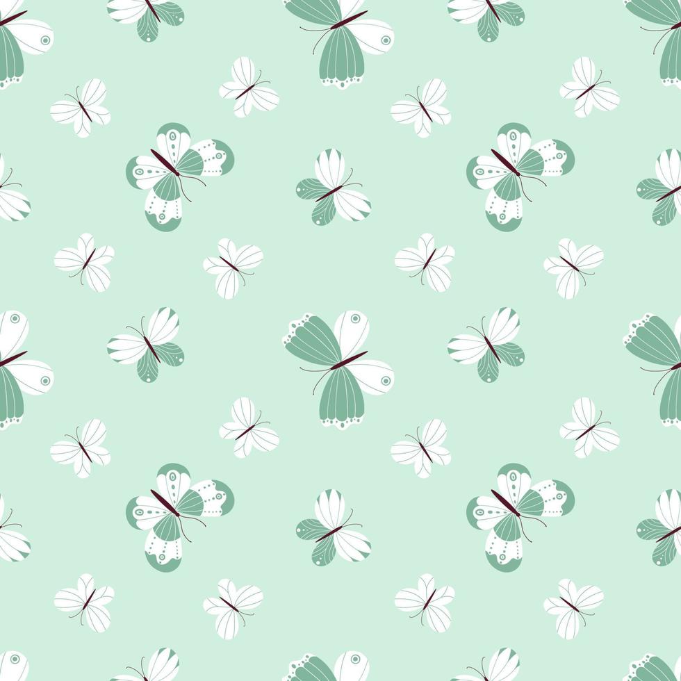 Seamless vector pattern with a variety of butterflies on a light green background. Seamless pattern for fabrics, wrapping paper, children s textiles