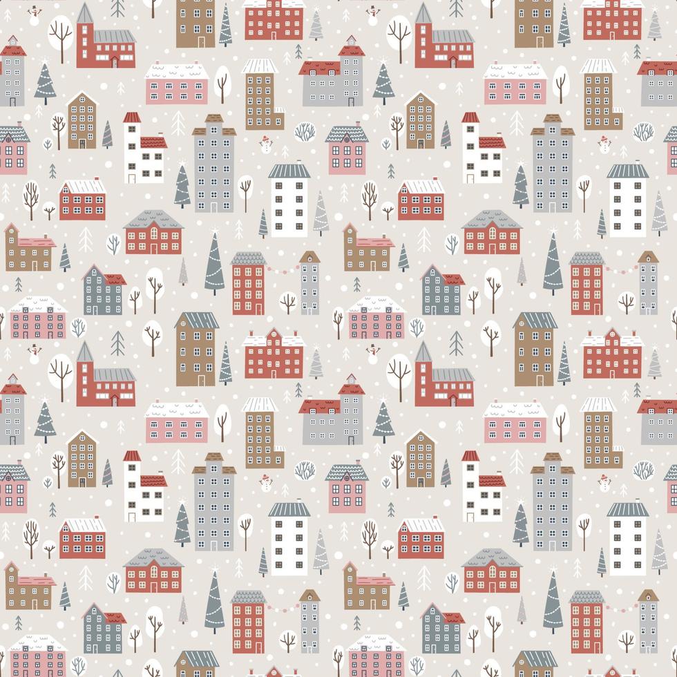 Winter seamless pattern with cute houses, fir trees and snowmen. Seamless vector background for winter and christmas holidays