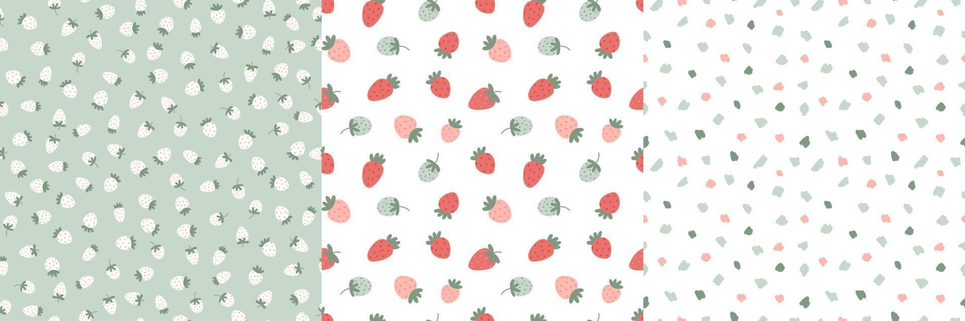 Collection of seamless matching patterns with abstract textures and strawberries in cartoon flat style. vector