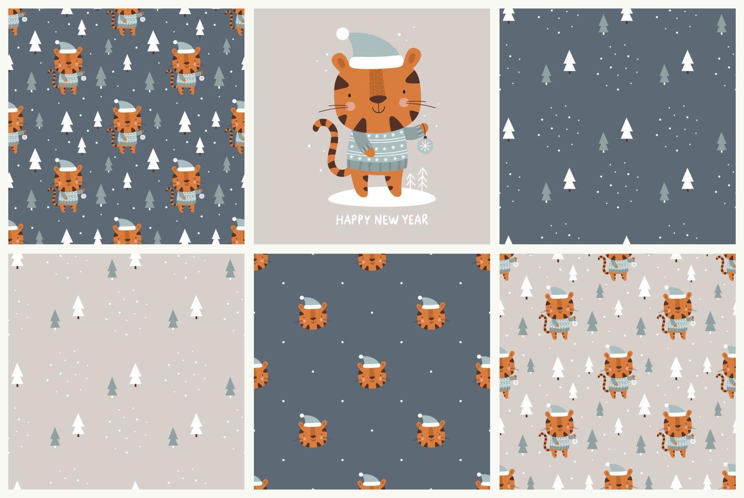 Set of seamless winter patterns with cute tiger. Vector seamless background for winter holidays decoration, fabric, children s textiles.