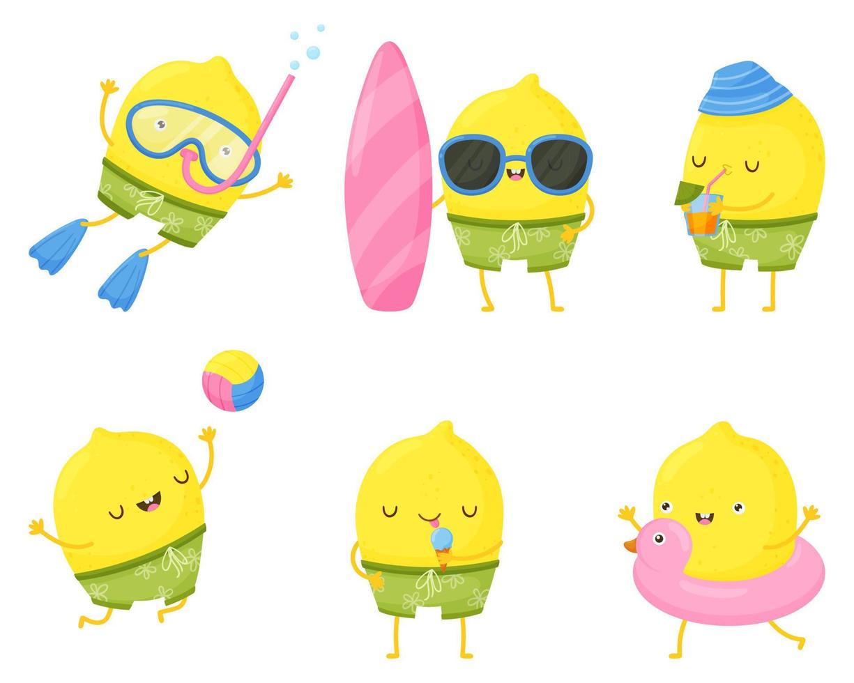 Fun summer elements. Cute lemons are having fun. Illustrations of summer fun in the pool, at the sea and on the beach. vector