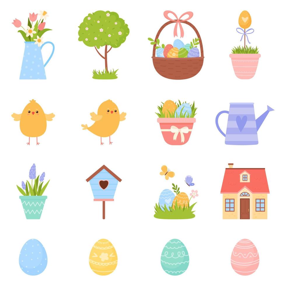 Collection of spring elements. Easter eggs, flowers, chickens, house. Flat cartoon style. Vector illustration isolated on white background