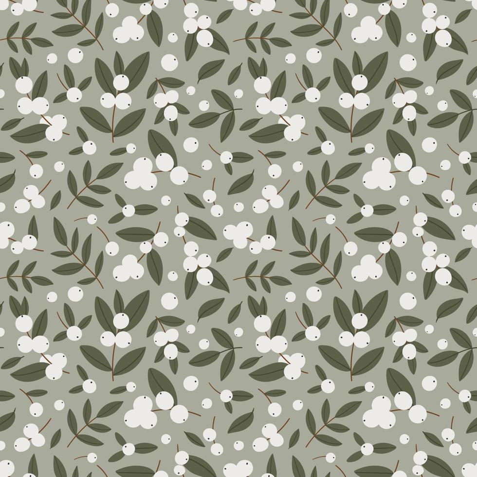 Seamless pattern with winter white berries on an olive background. Vector illustration.