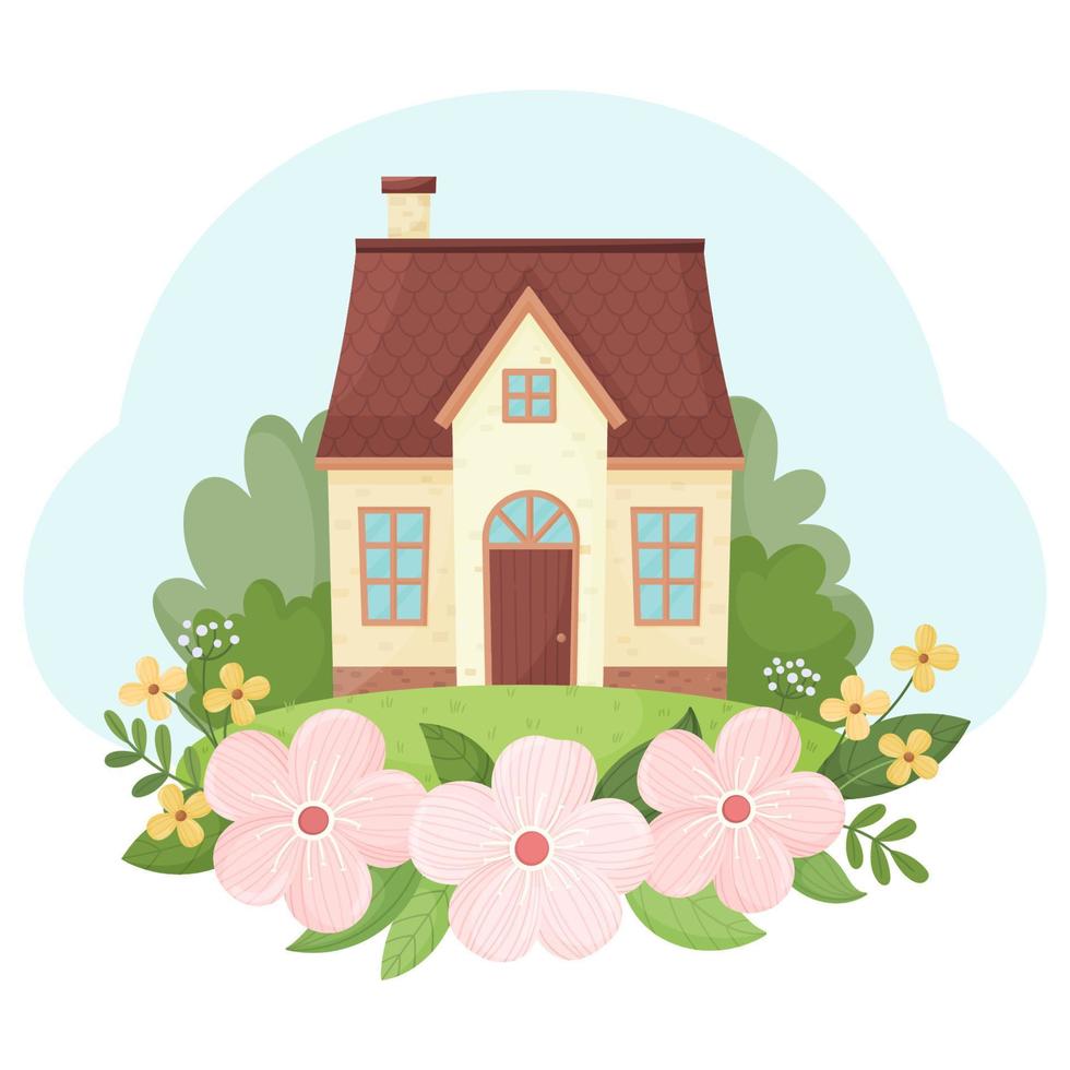 Village house with brown roof and summer flowers in the foreground. Vector illustration isolated on white background.