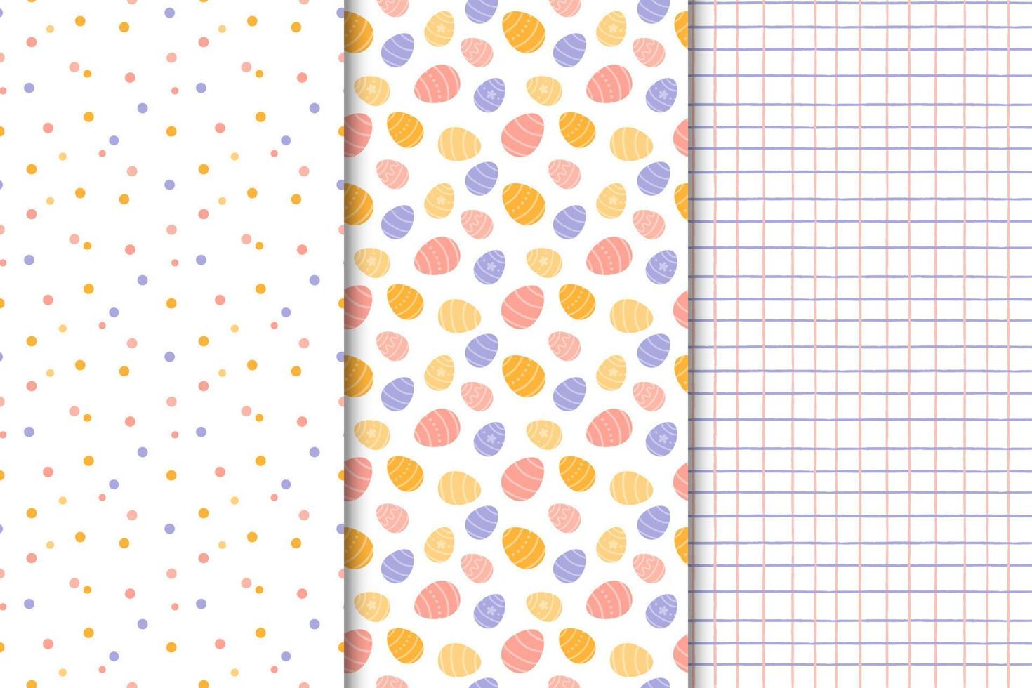Set of Easter patterns. Easter eggs with different patterns, checkered background, polka dot background. Vector illustration isolated on white background.