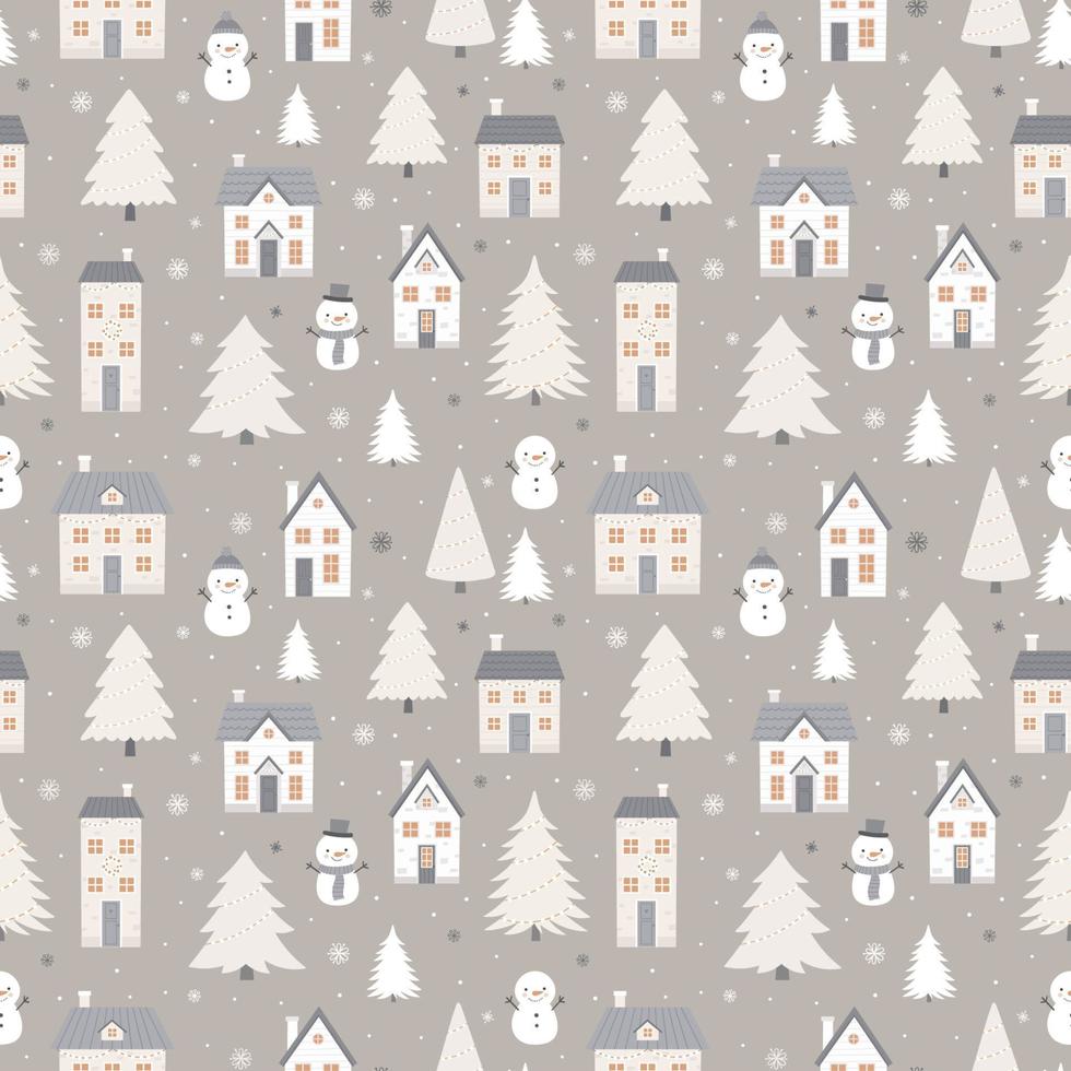 patrón invernal impecable con casas, muñecos de nieve y abetos. fondo transparente de vector para la decoración de invierno.