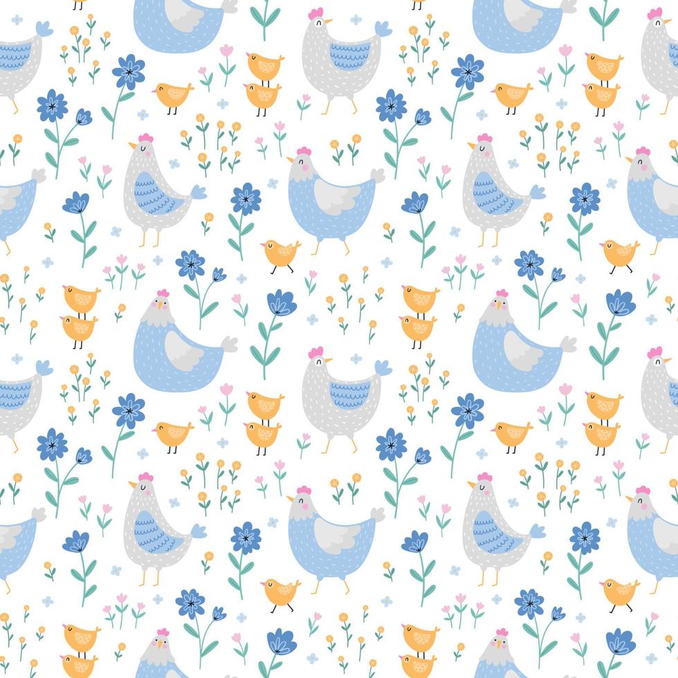 Seamless pattern with cute chickens, hens and plants on a white background. vector