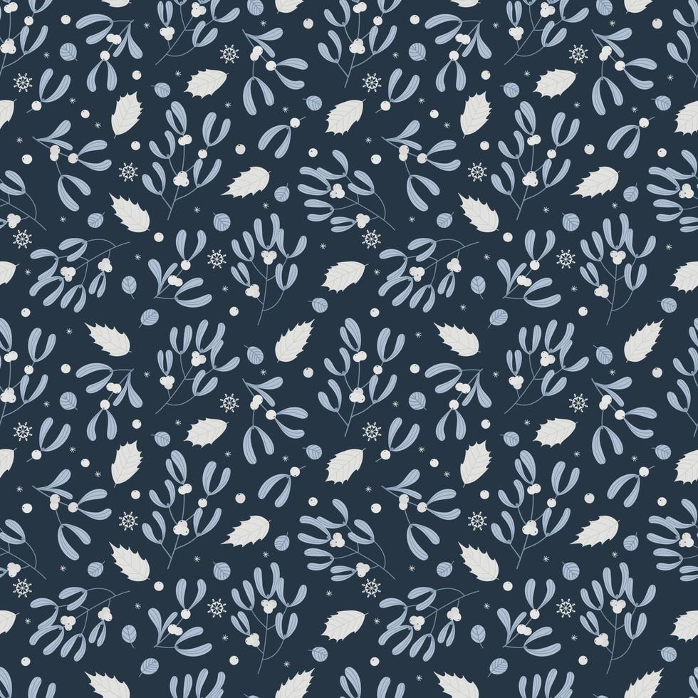 Christmas seamless pattern with mistletoe berries and branches. Flat style, hand drawing. Great for fabric, wrapping paper, etc. vector