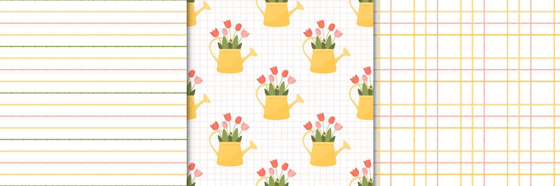 Collection of seamless patterns with watering cans with flowers, checkered and striped textures in cartoon flat style. vector