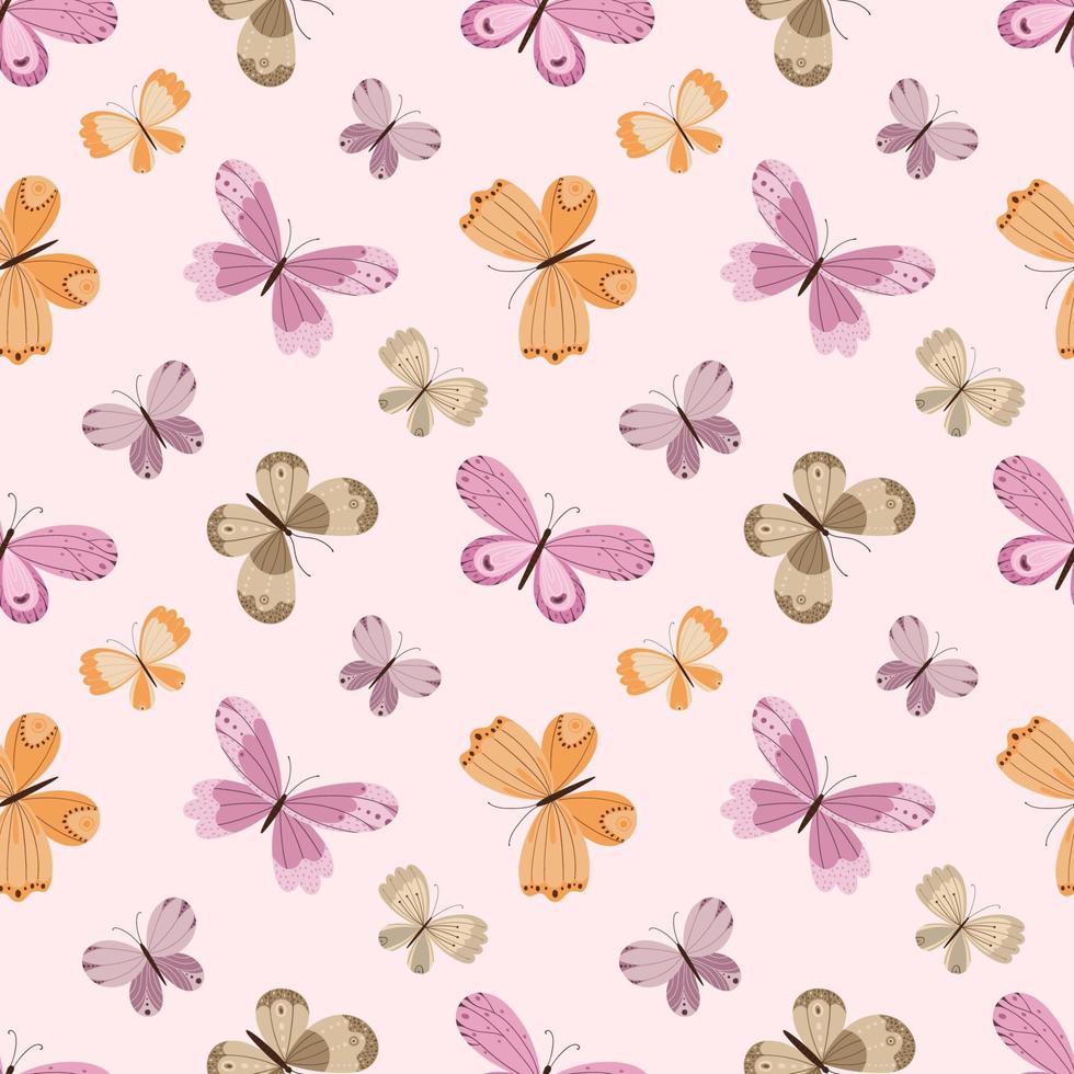 Delicate seamless pattern with a variety of colorful butterflies on a light pink background. vector