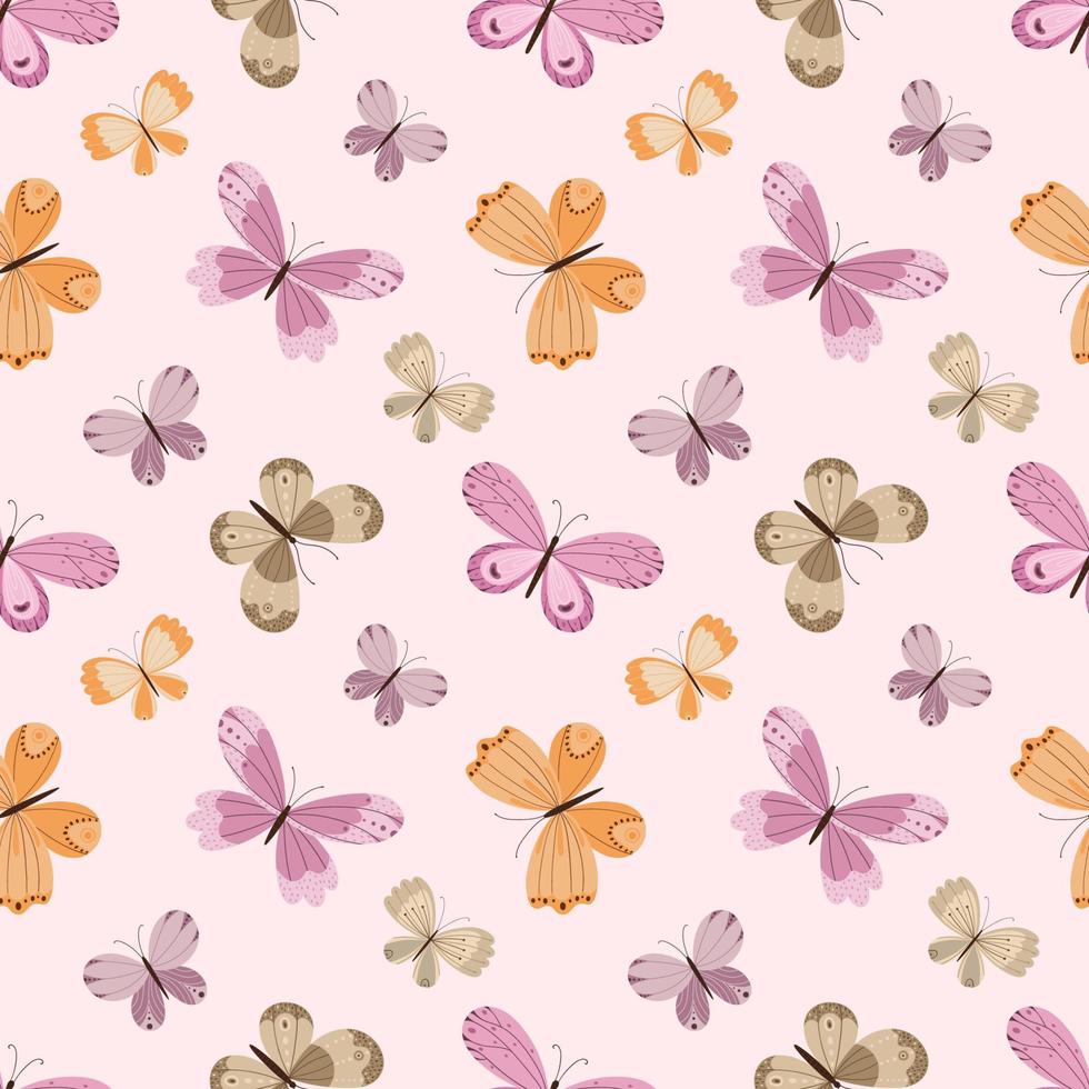 Delicate seamless pattern with a variety of colorful butterflies on a light pink background. vector