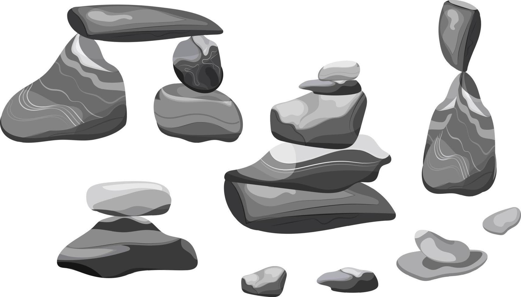 colección de piedras y plantas de diversas formas. guijarros costeros, adoquines, grava, minerales y formaciones geológicas. fragmentos de roca, cantos rodados y material de construcción. vector