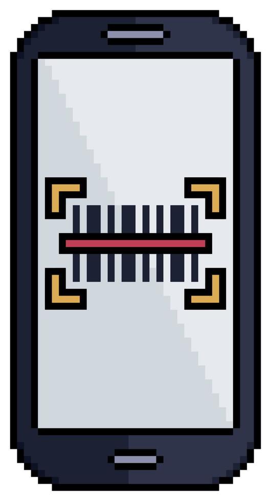 Pixel art mobile phone with barcode on screen vector icon for 8bit game on white background