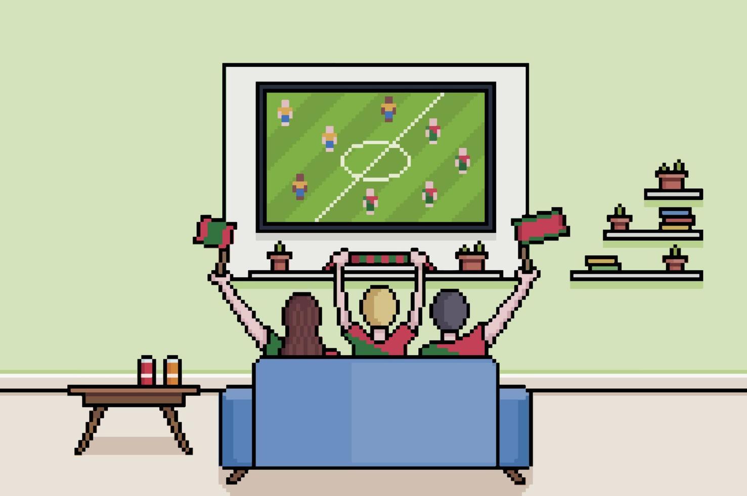 Pixel art fans watching football on tv in living room, portuguese people watching the world cup 8bit background vector