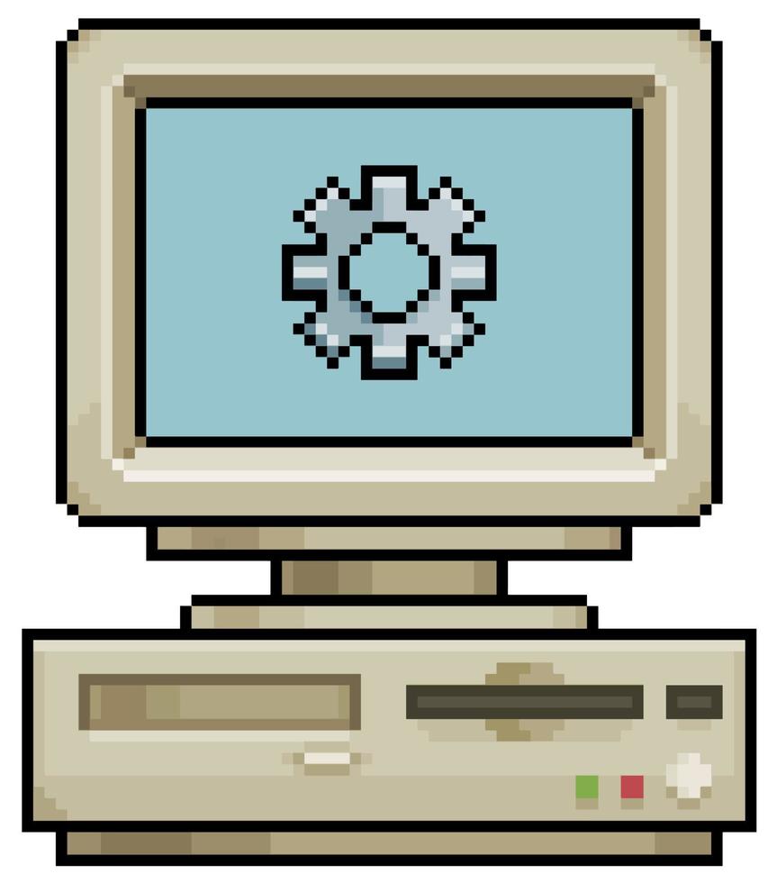 pixel art computadora antigua con icono de engranaje icono vectorial para juego de 8 bits sobre fondo blanco vector