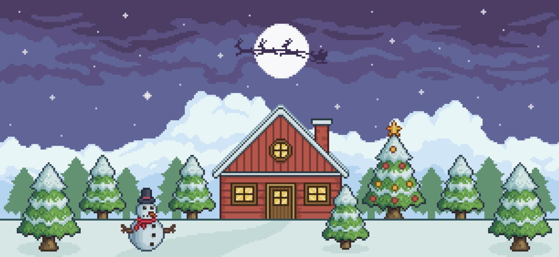 paisaje navideño de pixel art en la noche con casa roja, árbol de navidad, muñeco de nieve, santa claus, pinos y fondo de juego de 8 bits de nieve vector