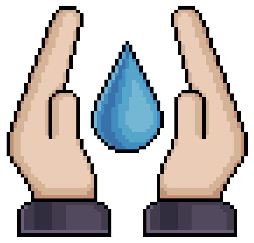 pixel art manos sosteniendo icono de vector de gota de agua para juego de 8 bits sobre fondo blanco