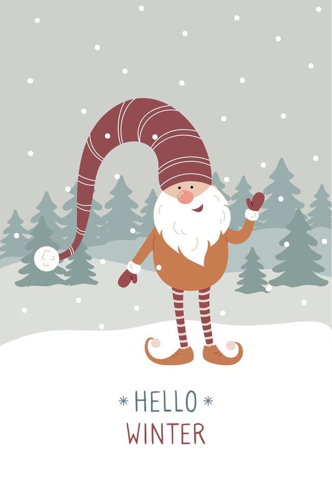Happy Holidays greeting card. Christmas cute swedish gnome in red santa vector
