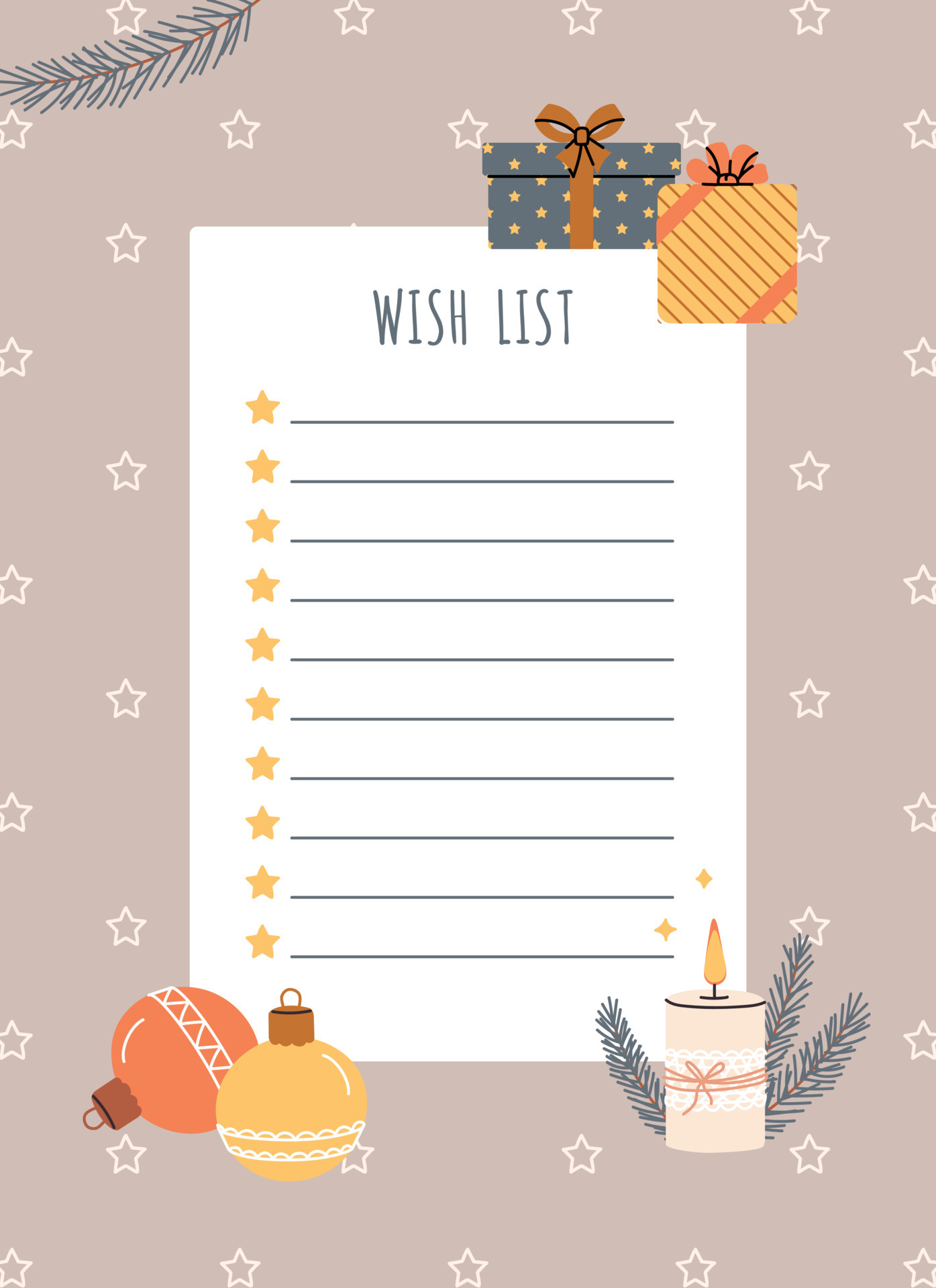 Cute Christmas wish list. Festive gift boxes. Candles and stars Cute Christmas wish list. Festive gift boxes. Candles and stars