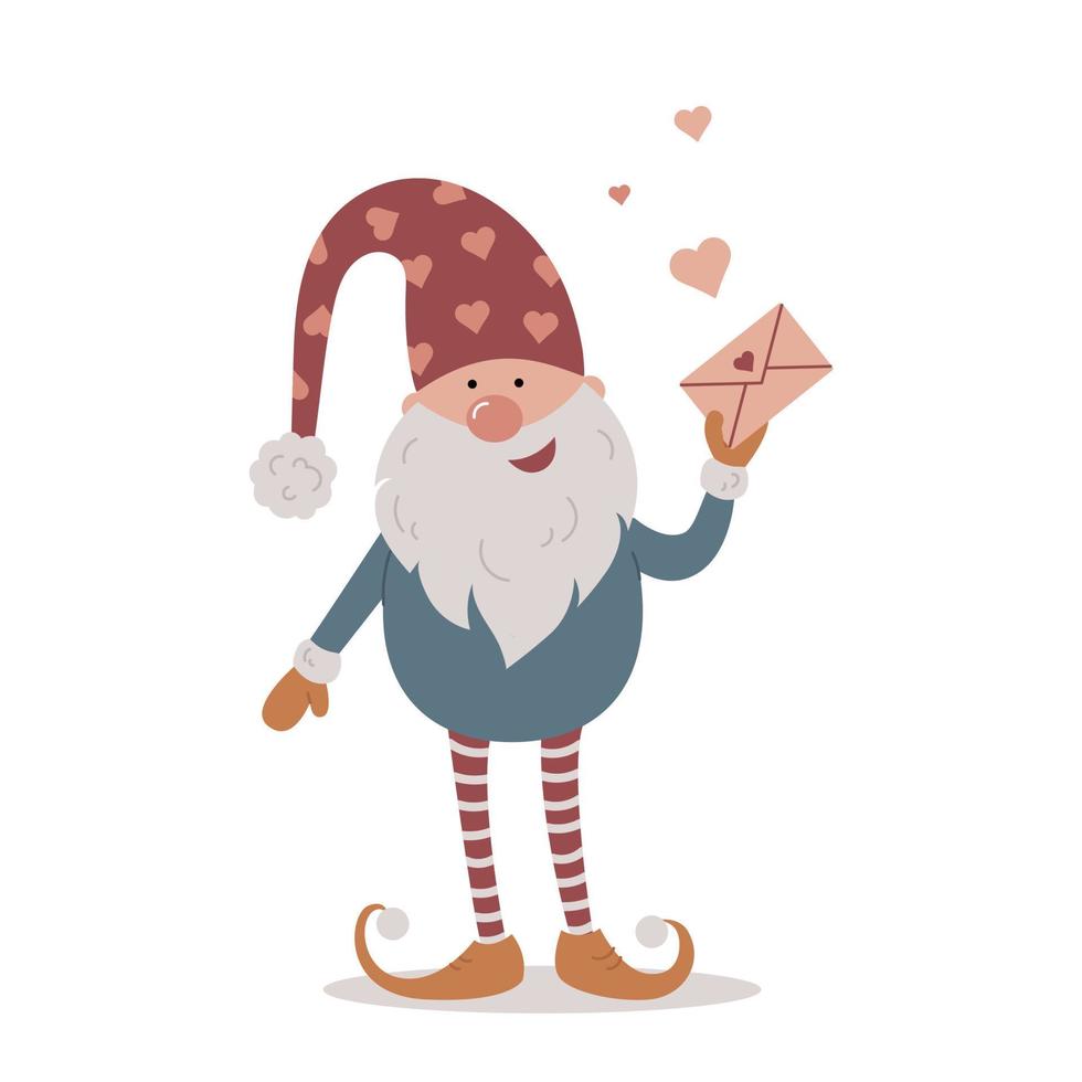 Cute Scandinavian gnome holding in  hand envelope with love message. vector