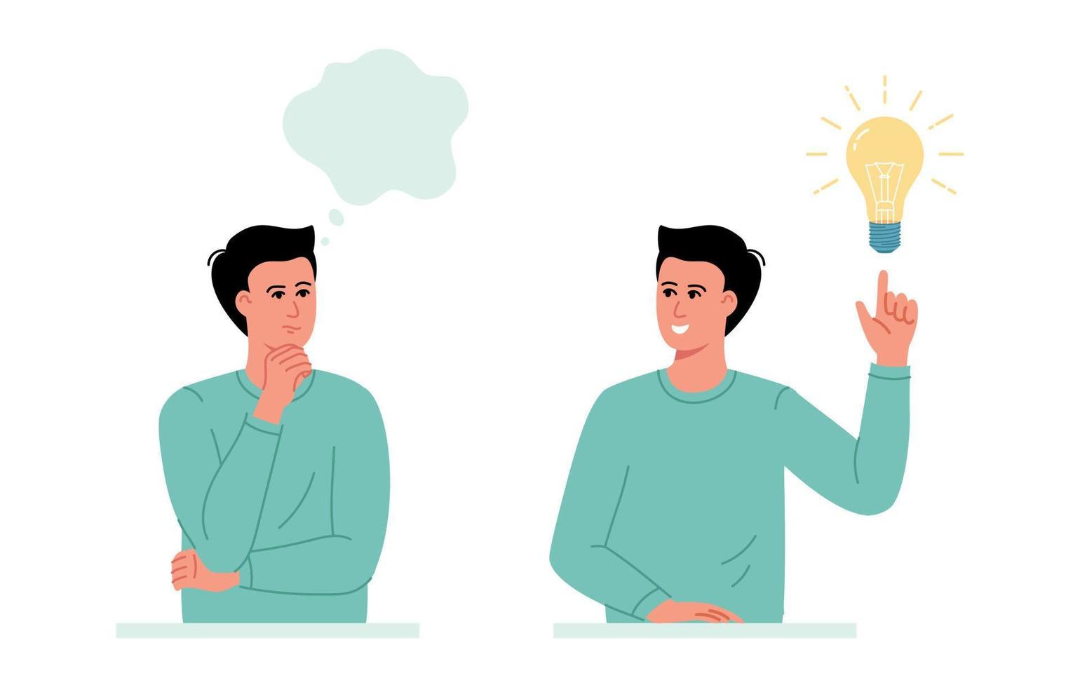 Men think with think bubble symbol and happy man pointing up on Light bulb representing idea, solution in the thought bubble vector