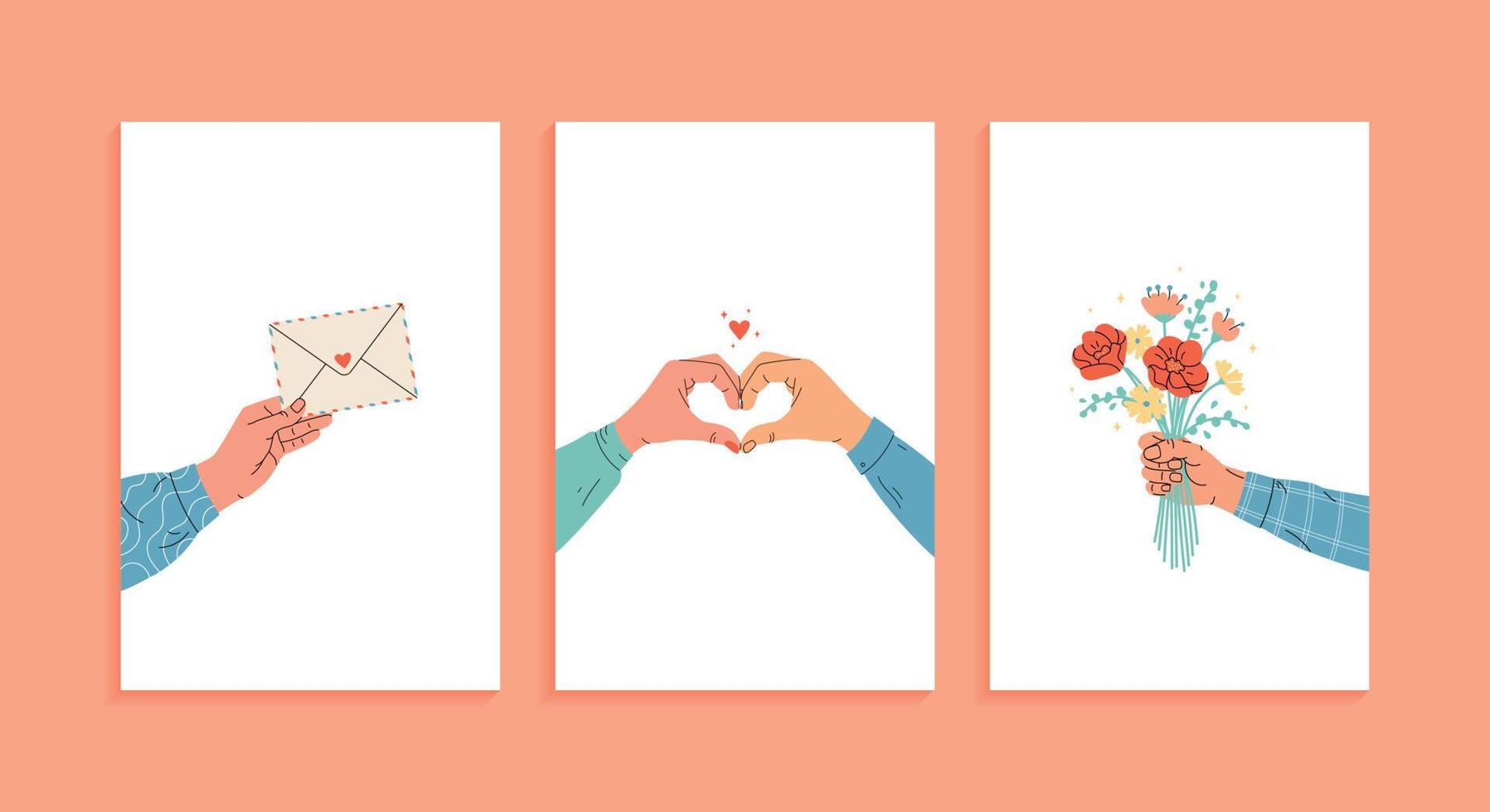 Set of three greeting cards for Valentine's day or Wedding. vector